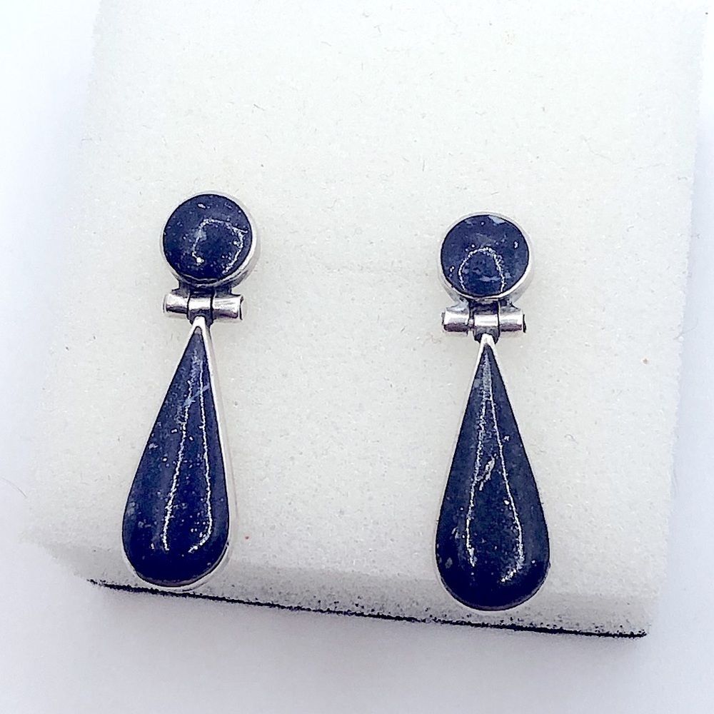 Vtg Sterling & Lapis Lazuli Hinged Teardrop Stud Earrings Unmarked Navajo 1.1”